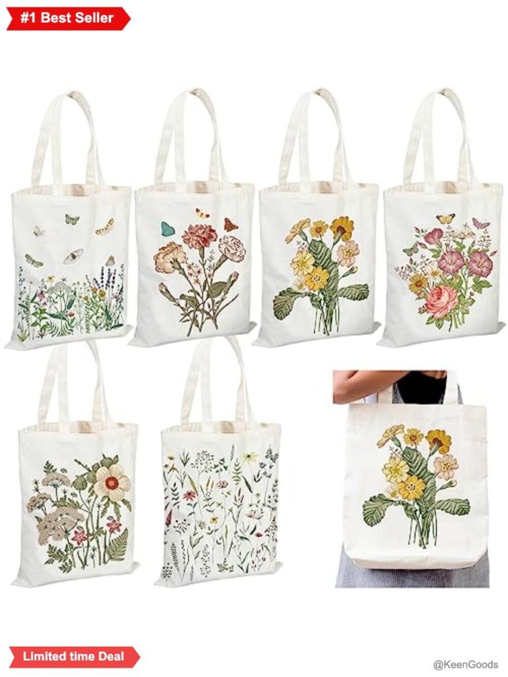 Canvas Tote Bags Set of 6 Floral Butterfly Reusable Grocery Book Bags